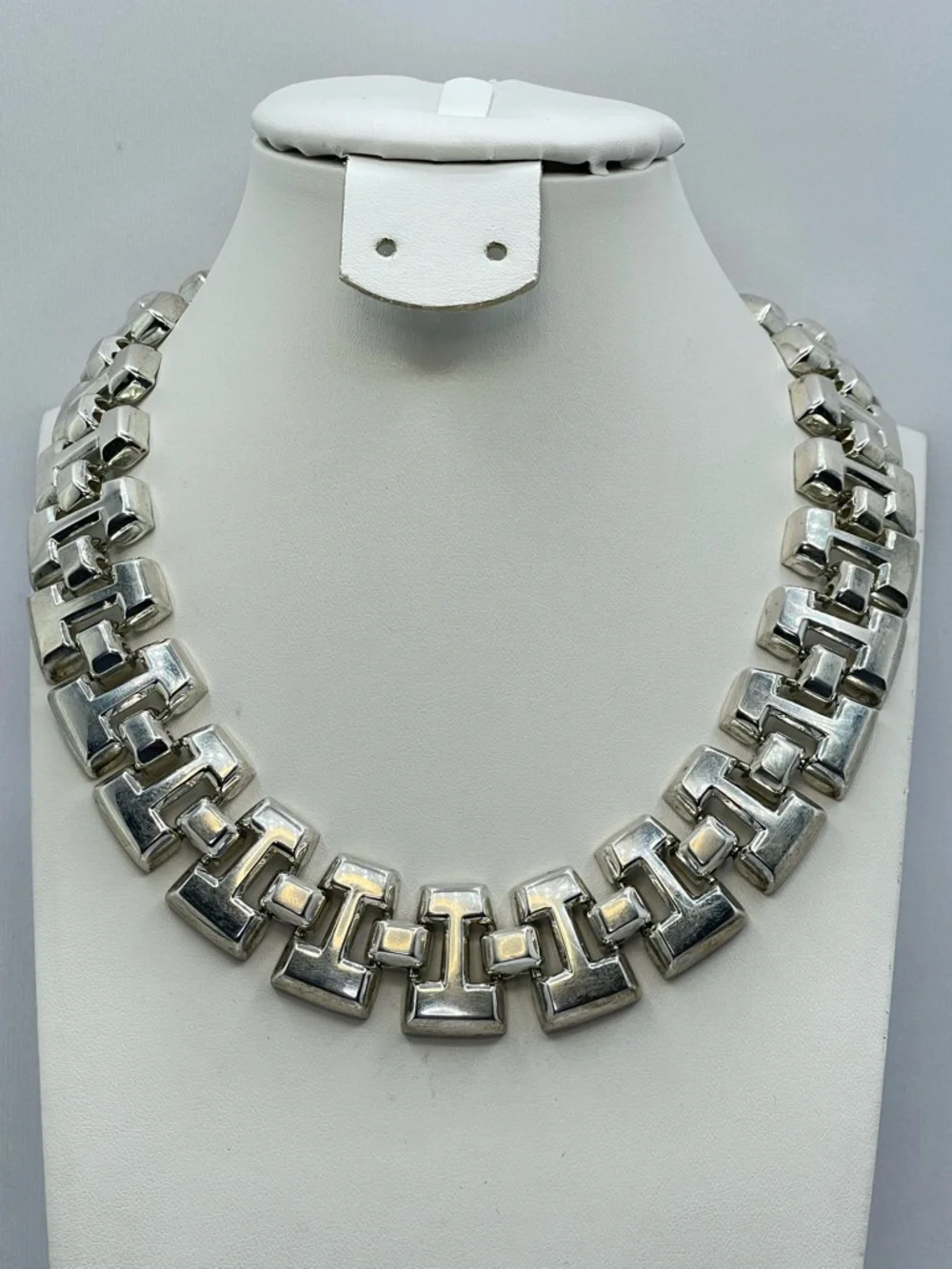 Vintage Chunky Silver Geometric Link Necklace Bold Statement Designer Style